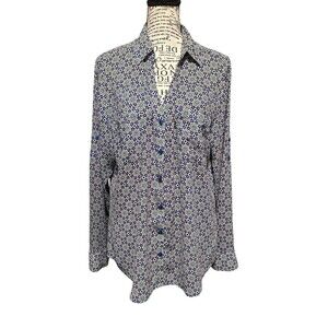 EXPRESS portofino blouse size Lg blue/black geometric print Button Up Office